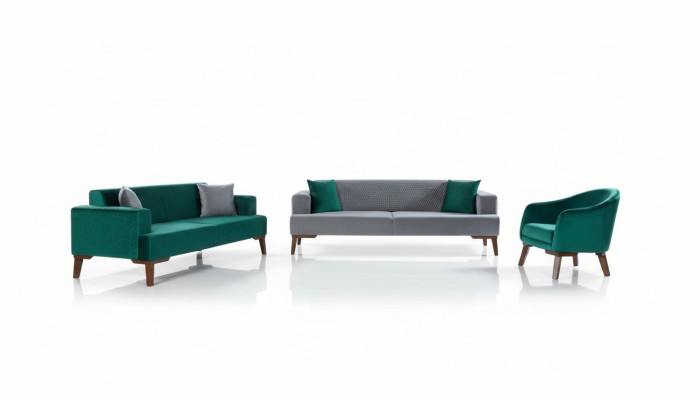 Conjunto de sofás 3+3+1 plazas, diseño de salón en gris turquesa verde.