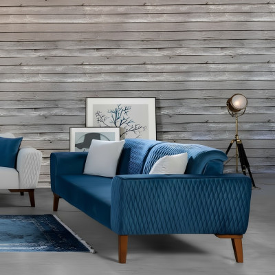 Sofá de tres plazas azul elegante para salón de terciopelo.