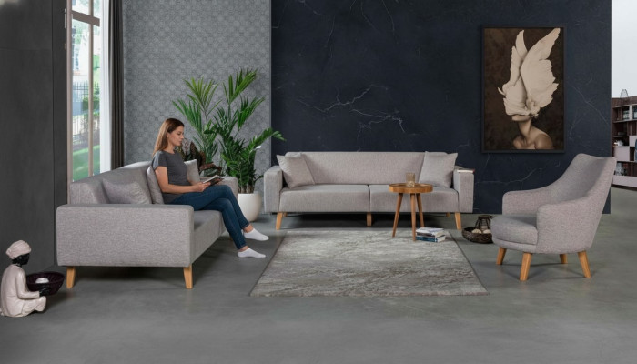 Sofá Sofá Tapizado Asiento 3+3+1 Conjunto de sofás Diseño de madera Sofás Beige Cojines de asiento