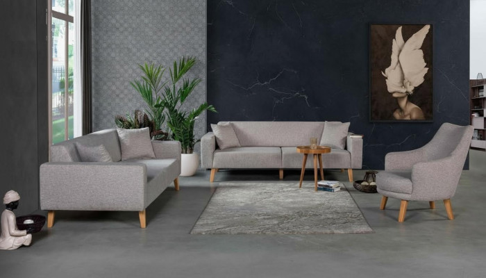 Sofá Sofá Tapizado Asiento 3+3+1 Conjunto de sofás Diseño de madera Sofás Beige Cojines de asiento