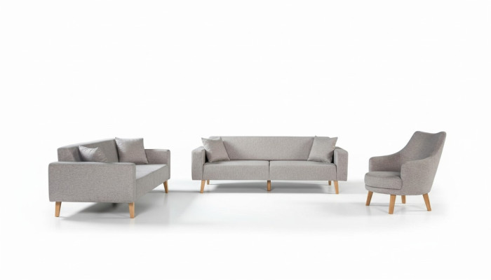 Sofá Sofá Tapizado Asiento 3+3+1 Conjunto de sofás Diseño de madera Sofás Beige Cojines de asiento