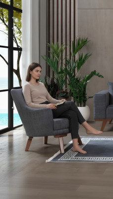 Diseño de sillón de salón de una plaza, muebles tapizados grises modernos.