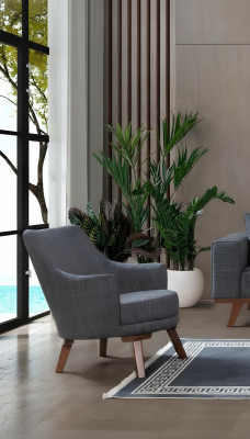 Diseño de sillón de salón de una plaza, muebles tapizados grises modernos.
