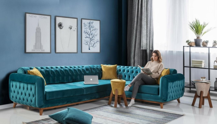 Sofá esquinero en forma de L de lujo de tela, sofá de salón, sofá tapizado, muebles.