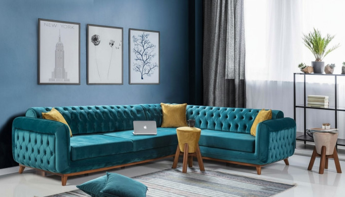 Sofá esquinero en forma de L de lujo de tela, sofá de salón, sofá tapizado, muebles.