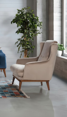 Diseño de sillón beige de una plaza para la sala de estar, estilo de tela y madera muebles.