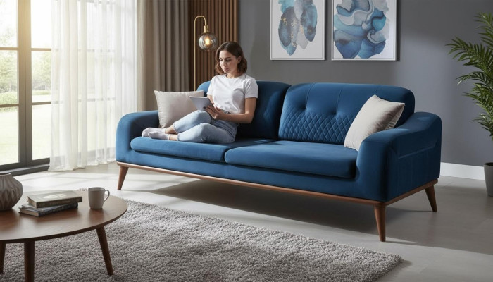 Sofá de tres plazas azul para salón de terciopelo con cojines de asiento de madera.