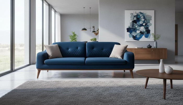 Sofá de tres plazas azul para salón de terciopelo con cojines de asiento de madera.