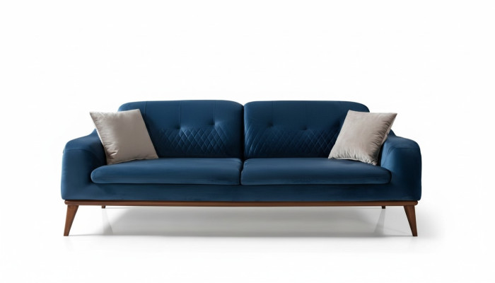 Sofá de tres plazas azul para salón de terciopelo con cojines de asiento de madera.