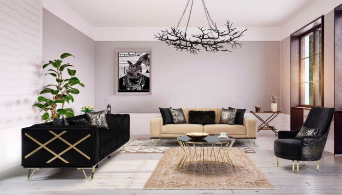 Conjunto de sofá negro sofá 3+3+1 asiento sillón Metal elegante terciopelo