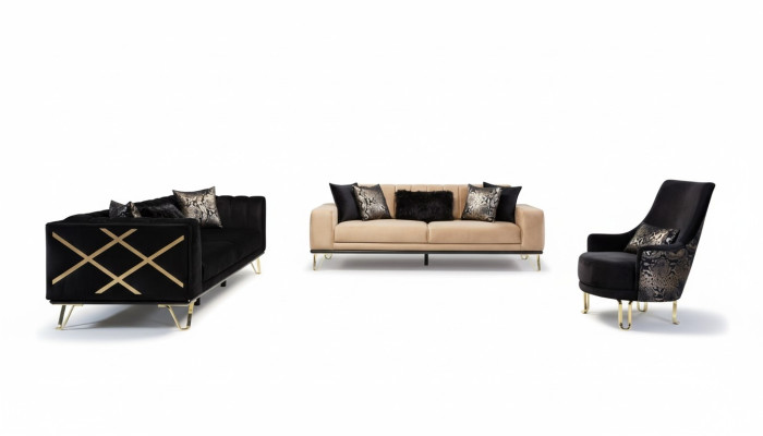 Conjunto de sofá negro sofá 3+3+1 asiento sillón Metal elegante terciopelo