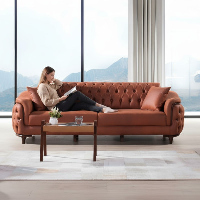Sofá Chesterfield Naranja de Tres Plazas Muebles Terciopelo Madera Cojín de Asiento