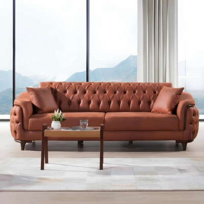 Sofá Chesterfield Naranja de Tres Plazas Muebles Terciopelo Madera Cojín de Asiento