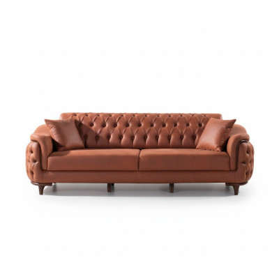 Sofá Chesterfield Naranja de Tres Plazas Muebles Terciopelo Madera Cojín de Asiento
