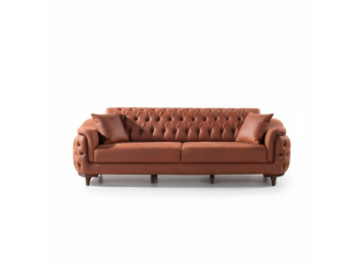 Sofá Chesterfield Naranja de Tres Plazas Muebles Terciopelo Madera Cojín de Asiento