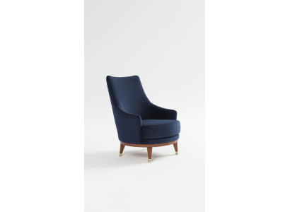 Sillón moderno para sala de estar, 1 plaza, diseño lounge, color azul, madera.