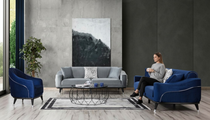 Sofá conjunto 3+3+1 asientos sofás tapizados sofás de madera gris azul terciopelo