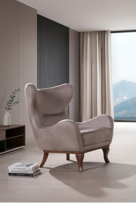 Moderno sillón de una plaza, diseño de diseñador, tapizado textil beige.