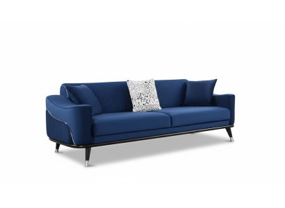 Sofá de lujo de tres plazas de diseño azul en tercipelo y tela de muebles.