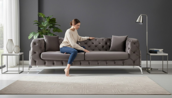 Sofá Chesterfield gris de 3 plazas, sofá de sala de estar de tela acolchada.
