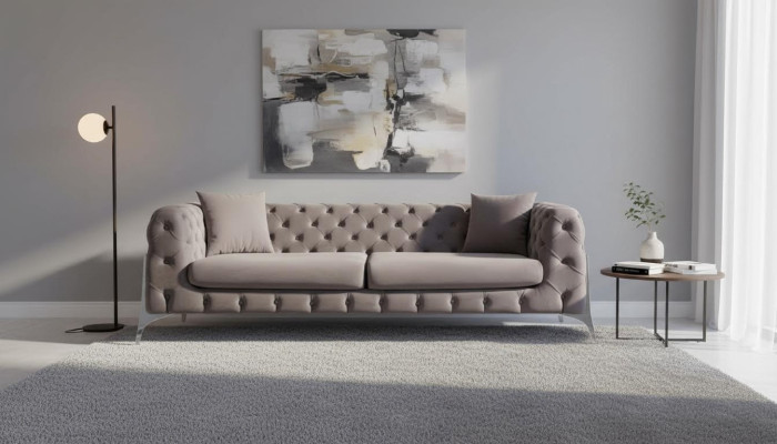 Sofá Chesterfield gris de 3 plazas, sofá de sala de estar de tela acolchada.