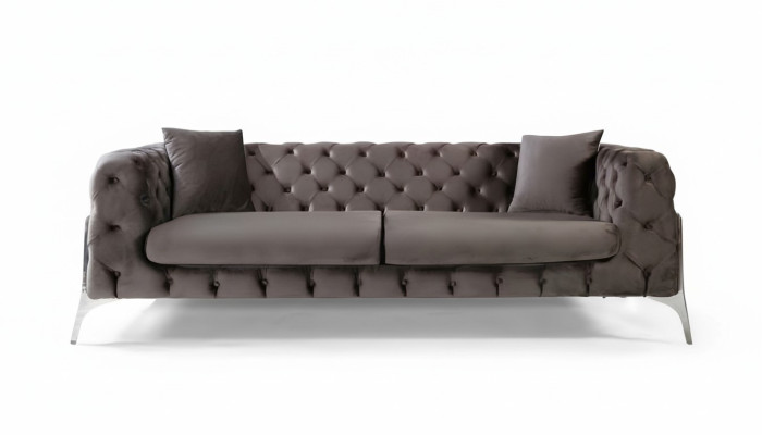 Sofá Chesterfield gris de 3 plazas, sofá de sala de estar de tela acolchada.