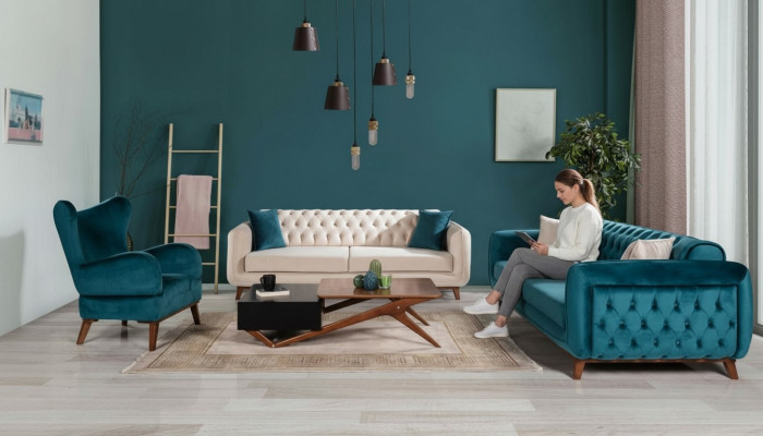 Sofá conjunto 3+3+1 sofá tapizado tela salón Chesterfield 3 piezas