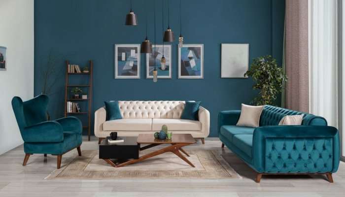 Sofá conjunto 3+3+1 sofá tapizado tela salón Chesterfield 3 piezas