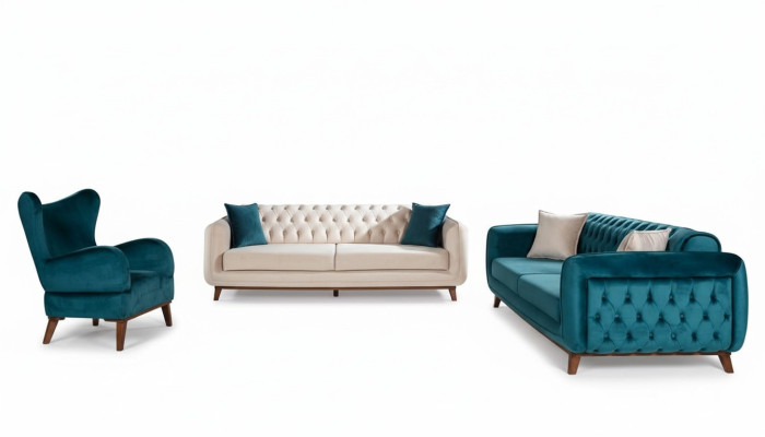 Sofá conjunto 3+3+1 sofá tapizado tela salón Chesterfield 3 piezas