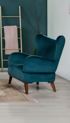 Sillón individual de diseño para sala de estar, tapizado de madera moderno en color turquesa.