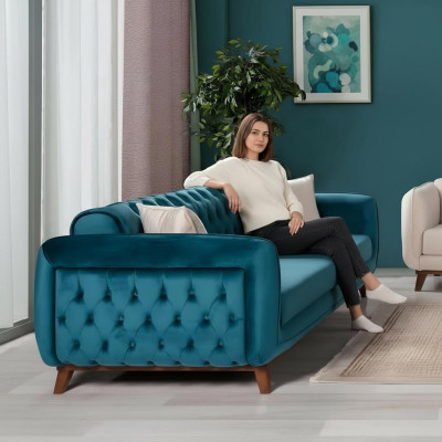 Diseño sofá de 3 plazas tela turquesa con cojines de asiento