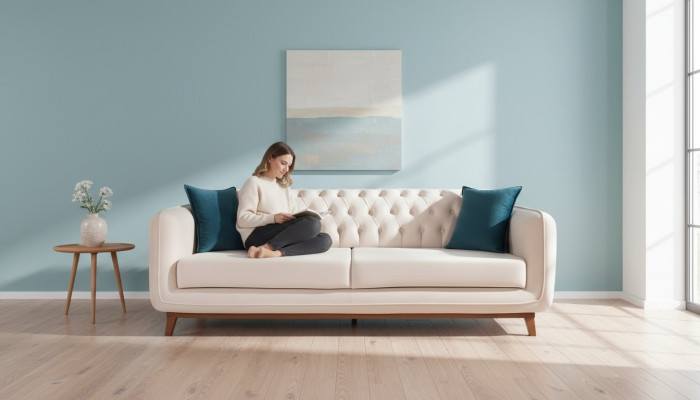 Sofá de tres plazas, sofá tapizado, muebles de tela beige y blanco, terciopelo