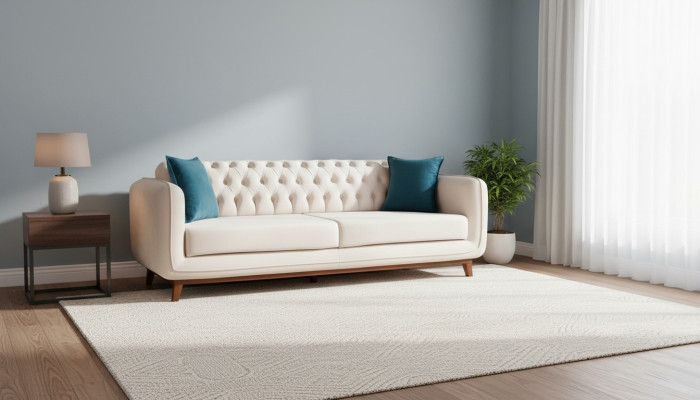 Sofá de tres plazas, sofá tapizado, muebles de tela beige y blanco, terciopelo