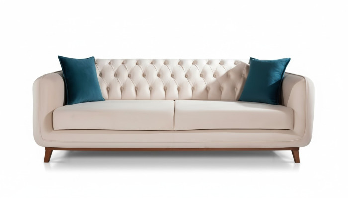 Sofá de tres plazas, sofá tapizado, muebles de tela beige y blanco, terciopelo