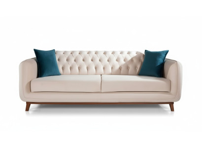 Sofá de tres plazas, sofá tapizado, muebles de tela beige y blanco, terciopelo