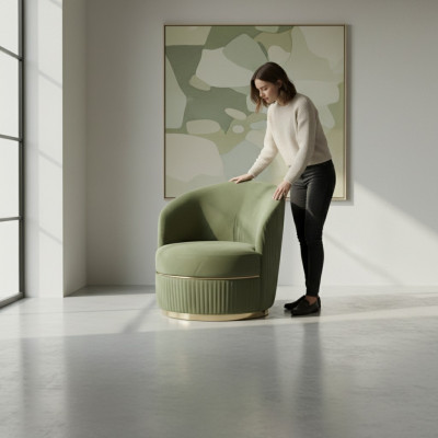 Sillón redondo moderno de una plaza tapizado en tela de diseño.