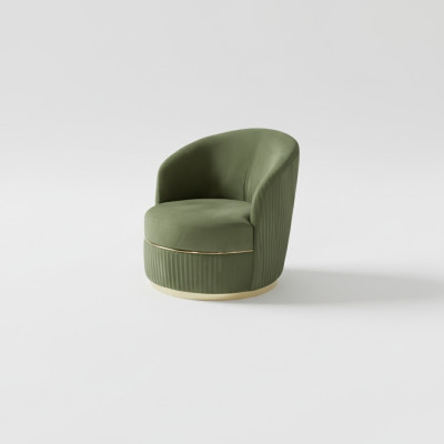 Sillón redondo moderno de una plaza tapizado en tela de diseño.
