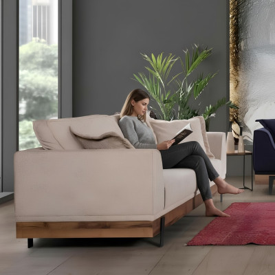 Sofá de diseño de 3 plazas con cojines, sofá moderno para sala de estar, muebles beige.