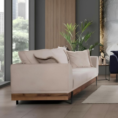 Sofá de diseño de 3 plazas con cojines, sofá moderno para sala de estar, muebles beige.