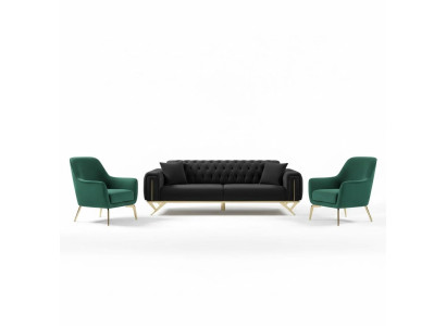Sofá de tres plazas Chesterfield negro con cojines de asiento de terciopelo y madera.