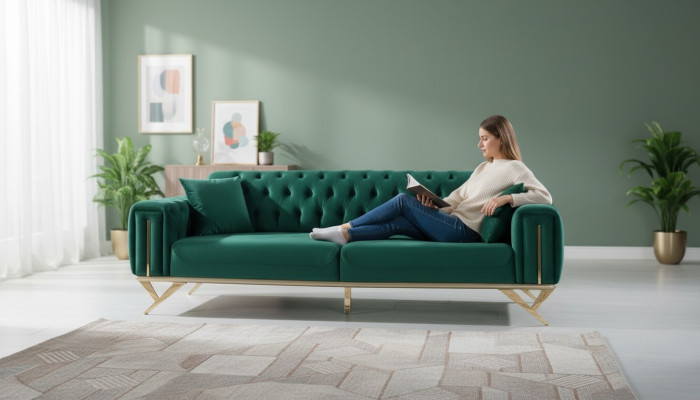 Sofá chesterfield verde de tres plazas con cojines de asiento en terciopelo y estructura de madera.