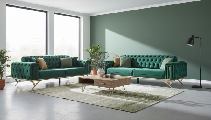 Sofá chesterfield verde de tres plazas con cojines de asiento en terciopelo y estructura de madera.