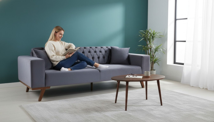 Sofá de diseño de tres plazas, sofá moderno gris, muebles tapizados de madera.