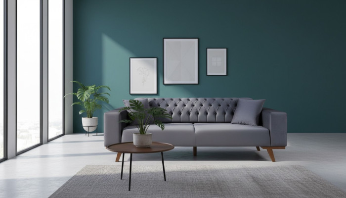 Sofá de diseño de tres plazas, sofá moderno gris, muebles tapizados de madera.