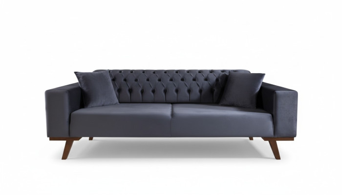 Sofá de diseño de tres plazas, sofá moderno gris, muebles tapizados de madera.