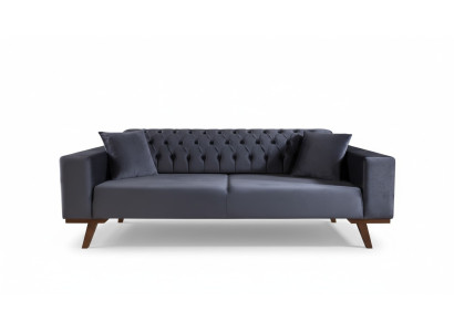 Sofá de diseño de tres plazas, sofá moderno gris, muebles tapizados de madera.