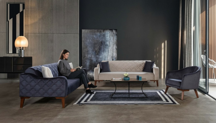 Conjunto de sala de estar Sofá 3+3+1 Conjunto de tapicería azul Sillón Textil