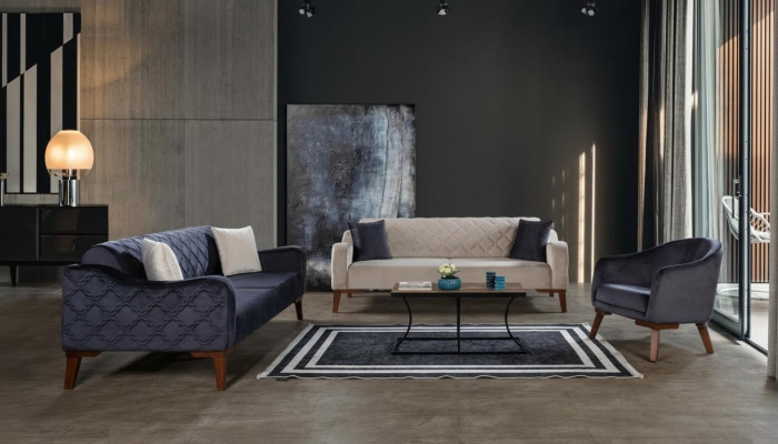 Conjunto de sala de estar Sofá 3+3+1 Conjunto de tapicería azul Sillón Textil