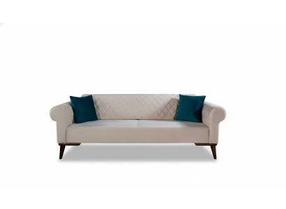 Sofá beige de tres plazas. Elegante mueble de asiento para la sala de estar de terciopelo.