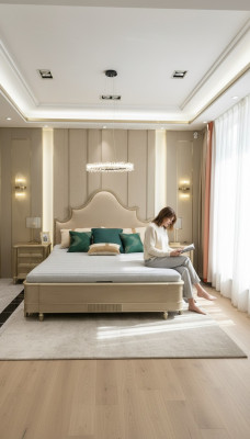 Diseño de habitación de hotel doble: muebles de madera para cama acolchada de madera de 180x200 nuevos.